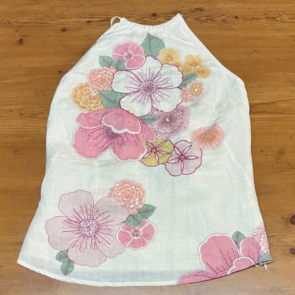 French Connection Cream Cotton Floral Halter Top with Sequins